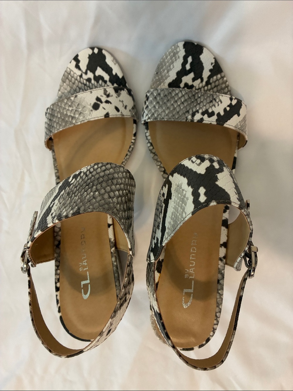CL by Laundry White and Black Snake-Print Slingback Sandals